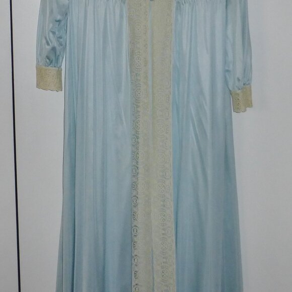 Vintage Miss Elaine Blue Peignoir Robe & Nightgown SET Size Small Ecru Lace USA - Picture 3 of 9